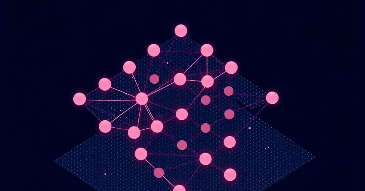 A glowing pink network of connected nodes and vectors radiates across a dark isometric diamond grid, evoking vector embeddings compared by angle and direction