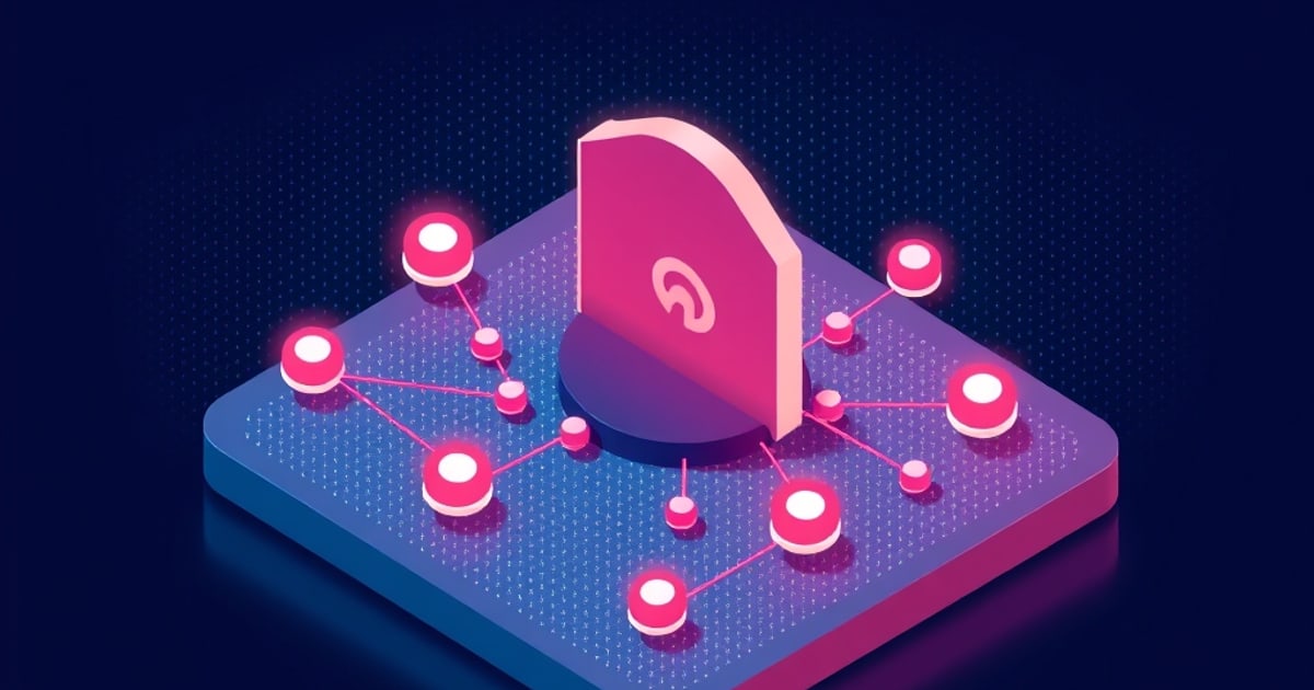 A glowing pink dial-like emblem sits on a violet isometric platform, connected by branching pink lines to small glowing nodes representing search results at varying distances.