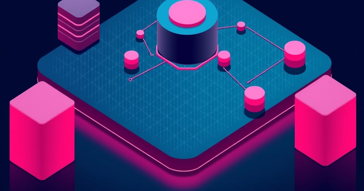 Flat isometric illustration of a teal circuit slab holding a dark cylinder ringed by pink node markers linked in two paths, with pink blocks at the corners.
