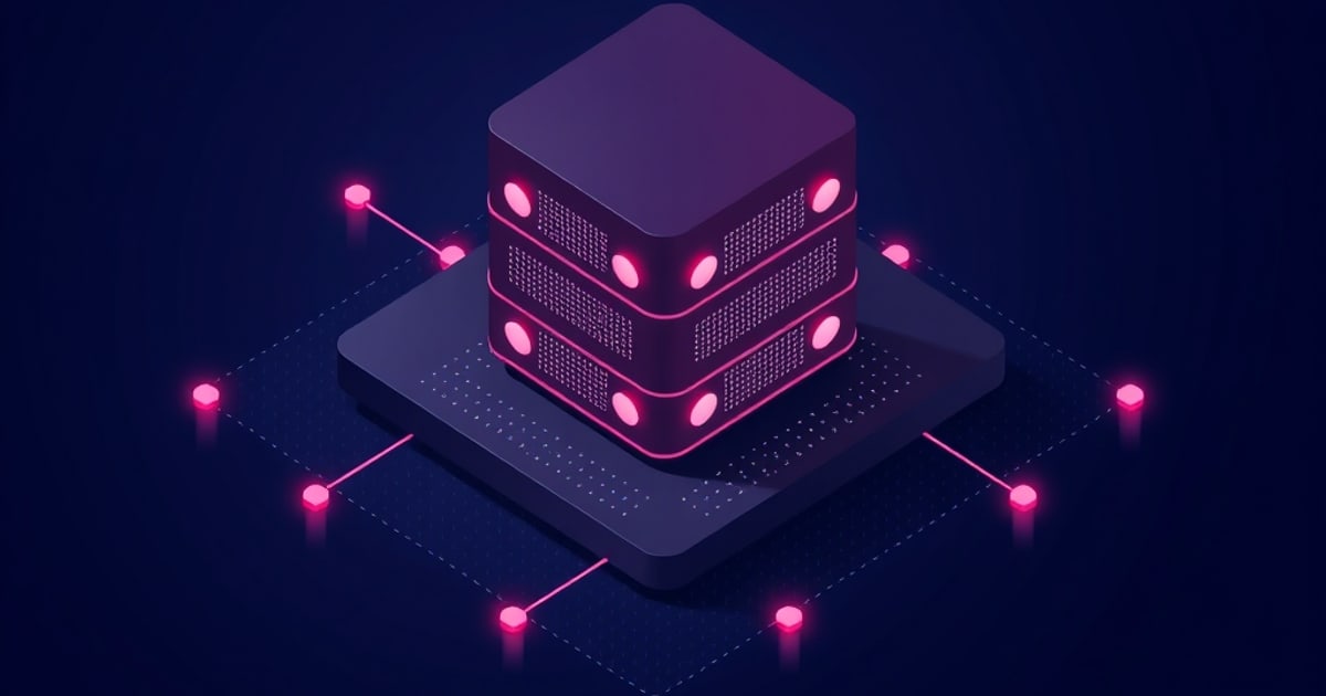 A glowing pink isometric server stack with dotted data patterns sits on a dark platform linked to hexagonal nodes, evoking vector database indexing.