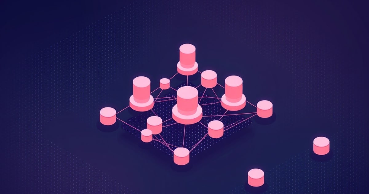 Isometric pink cylinders of varying sizes linked by thin lines on a dotted grid, with a few detached nodes, evoking a sharded vector index on dark navy.