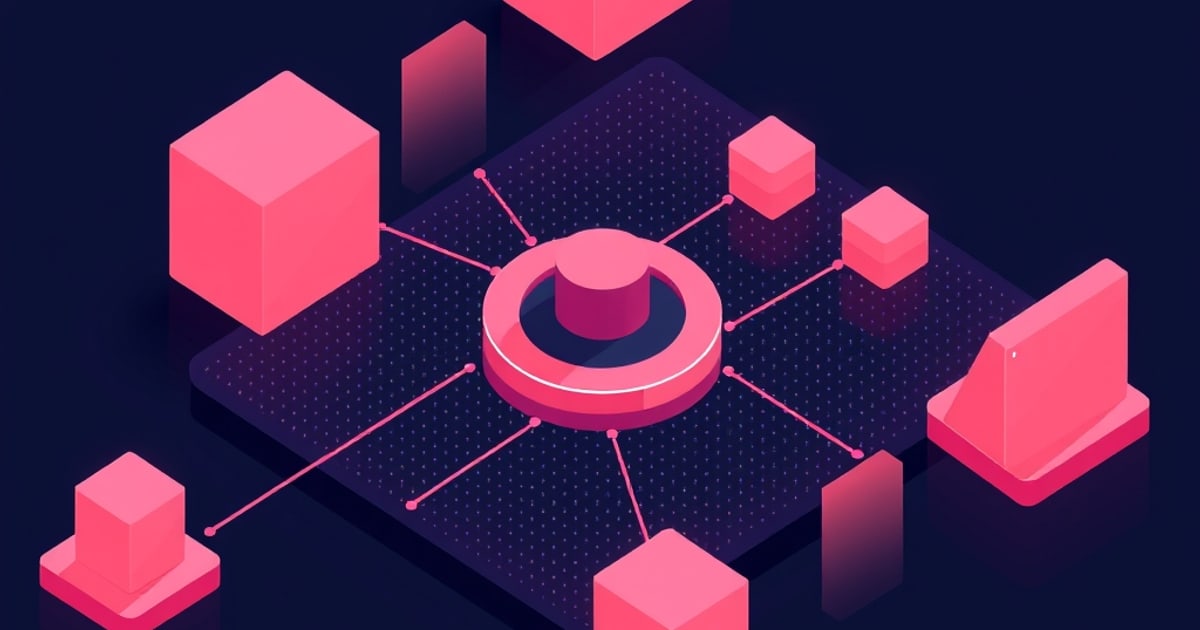 A pink isometric ring hub connects via thin lines to surrounding cubes and pillars on a dotted dark platform, evoking a graph of linked nodes for HNSW tuning.