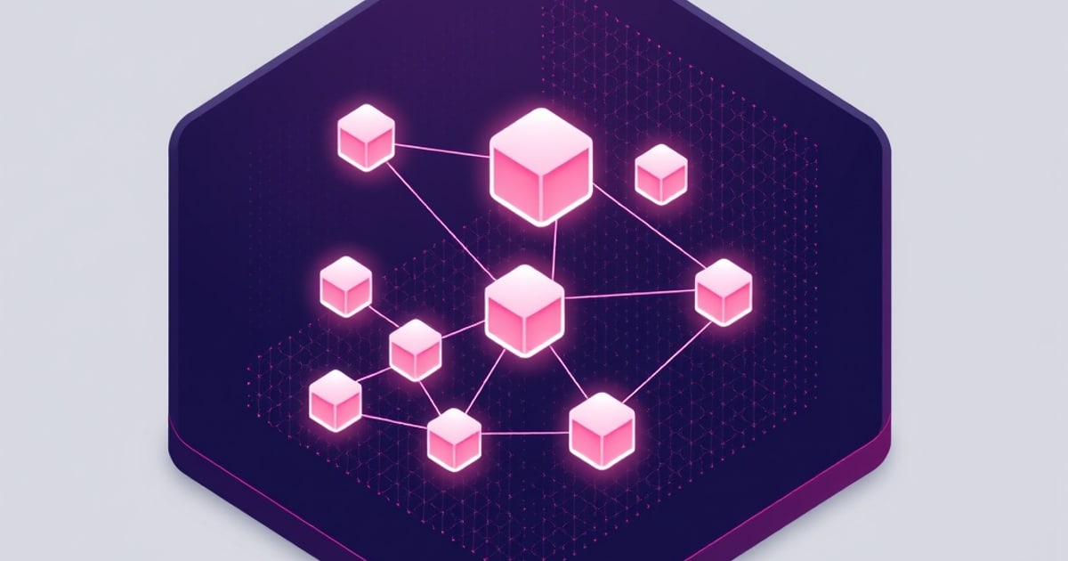 Glowing pink cubes of varying sizes connect via thin lines into a node network inside a dark purple hexagon, evoking linked search indexes merging into unified results.