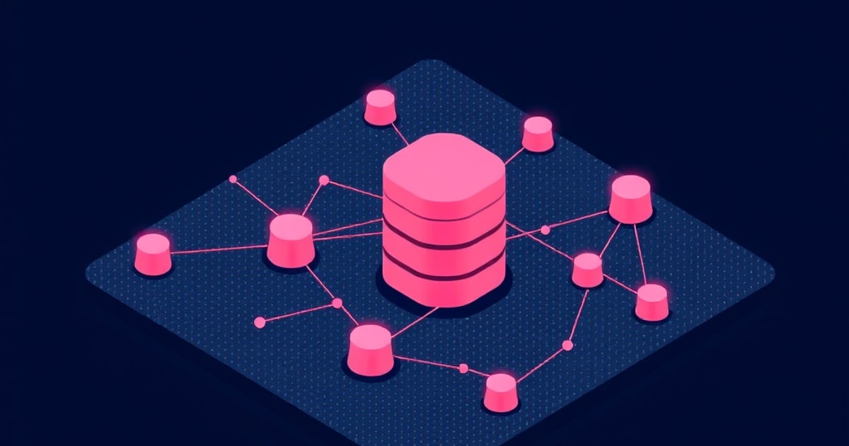 Flat isometric illustration of a large pink database cylinder ringed by smaller pink nodes wired together across a dark navy diamond board.