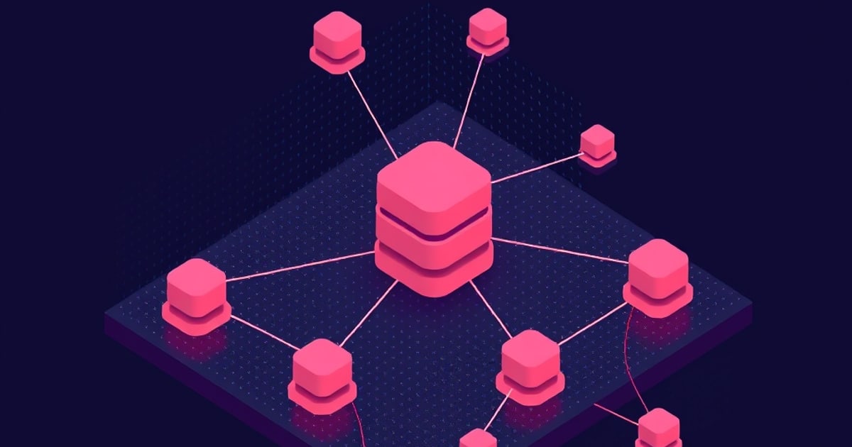 Isometric pink database stack at the center of a dotted navy grid, linked by thin lines to smaller cluster nodes, suggesting vector index lists and probes