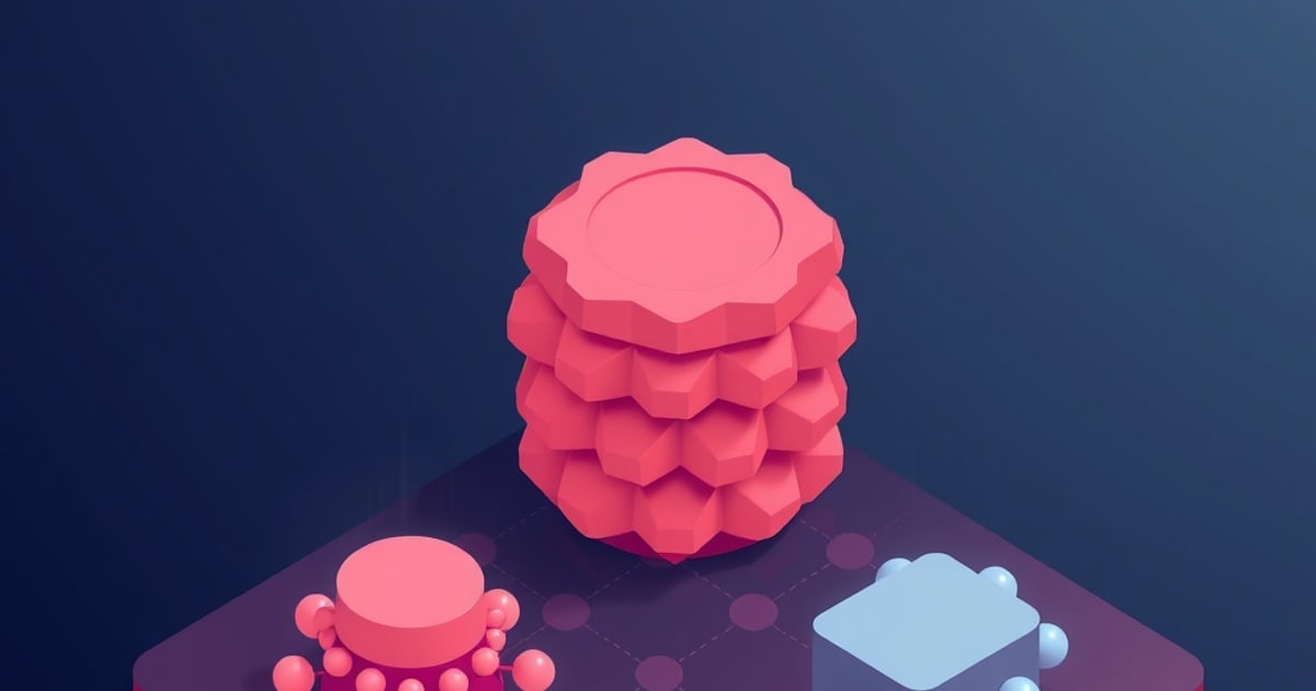 A tiered pink gear-edged cylinder rises above a dotted grid platform beside a bead-covered disc and a light blue cube, evoking layered vector database nodes.