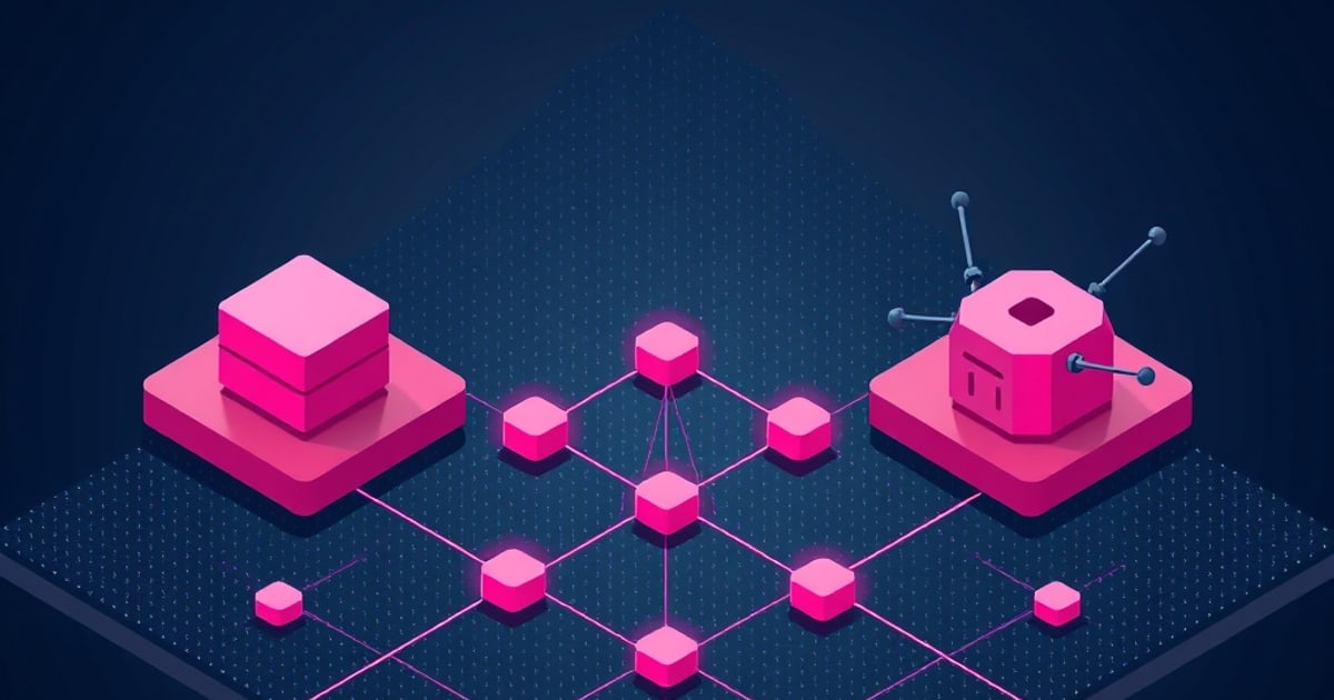 Pink isometric server stack and a spiked node cluster linked by glowing pink lines and hexagons on a dark blue dotted grid, evoking distributed vector database nodes.