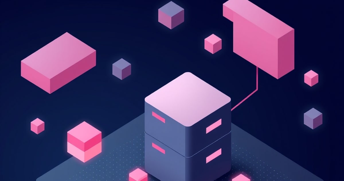 Flat isometric illustration of a two-tier slate server block with pink slot lights, surrounded by floating pink and purple cubes and flat slabs on navy.