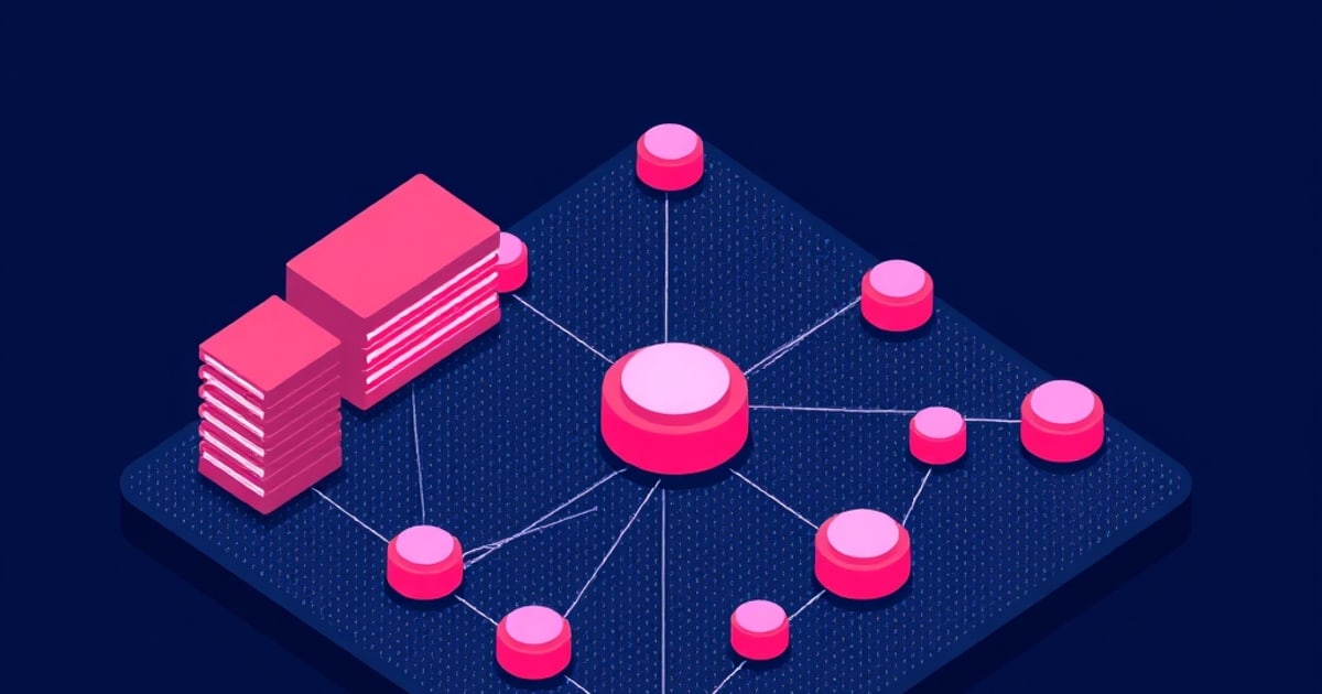 Isometric stacks of layered data slabs wired to a cluster of round nodes, representing embeddings feeding a nearest-neighbour index