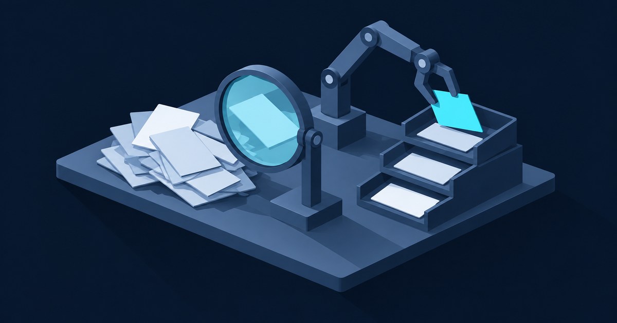An isometric robotic arm sorts document cards into ranked trays as a magnifying glass examines a scattered pile on a dark blue platform.